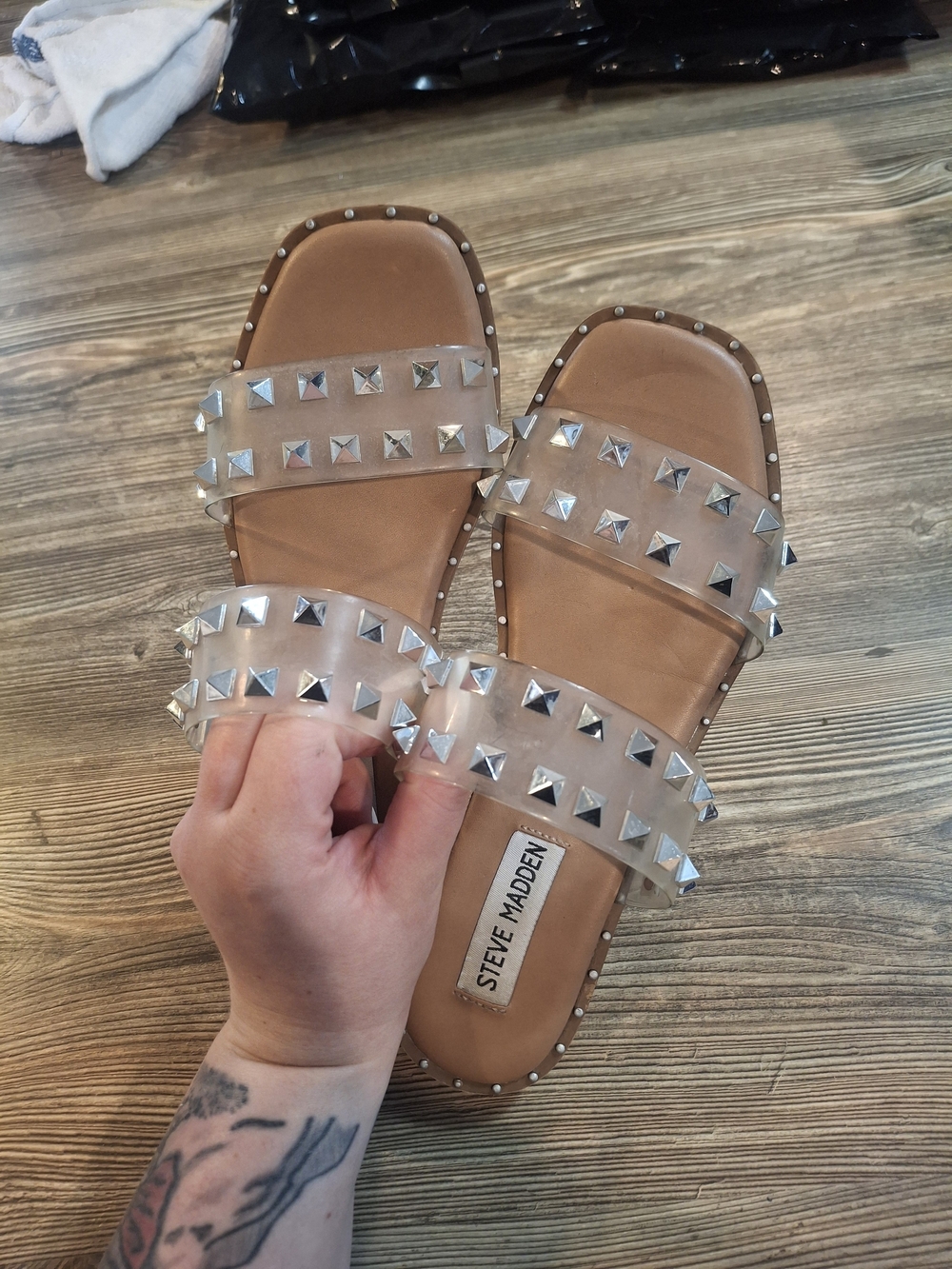 Steve Madden Tan Slide Sandals with Clear Studded Double Straps